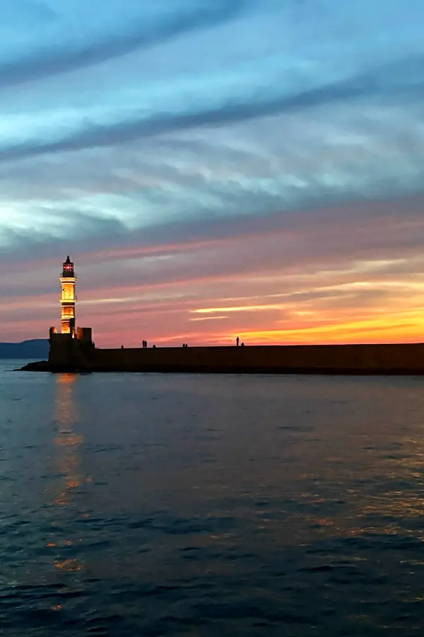 chania harbor sunset from far